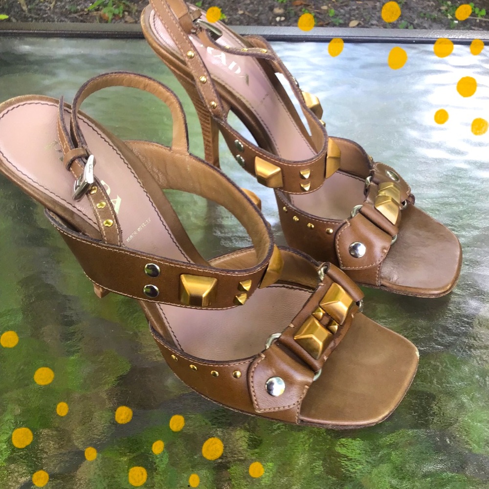 Prada Brown Leather Studded High Heel Sandals